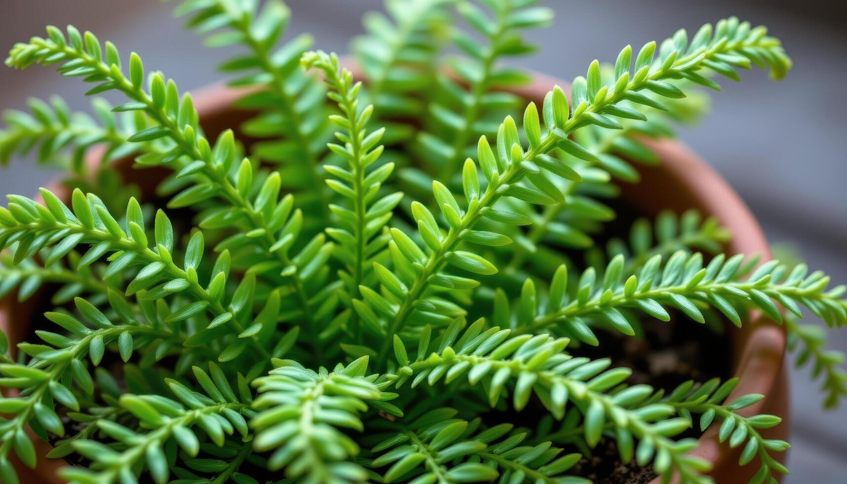 close up view of foxtail fern fronds with dense, feathery green texture growing in soft curves from a clay container photo