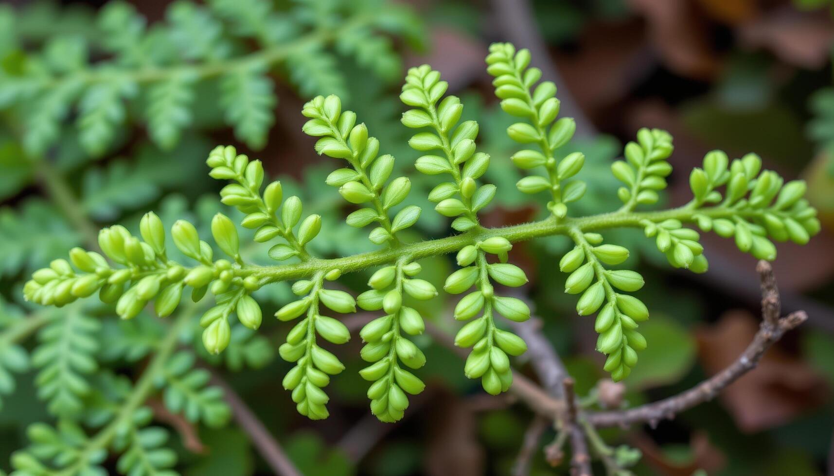 close up view of lemon button fern fronds with tiny round leaflets branching symmetrically from soft green stems photo