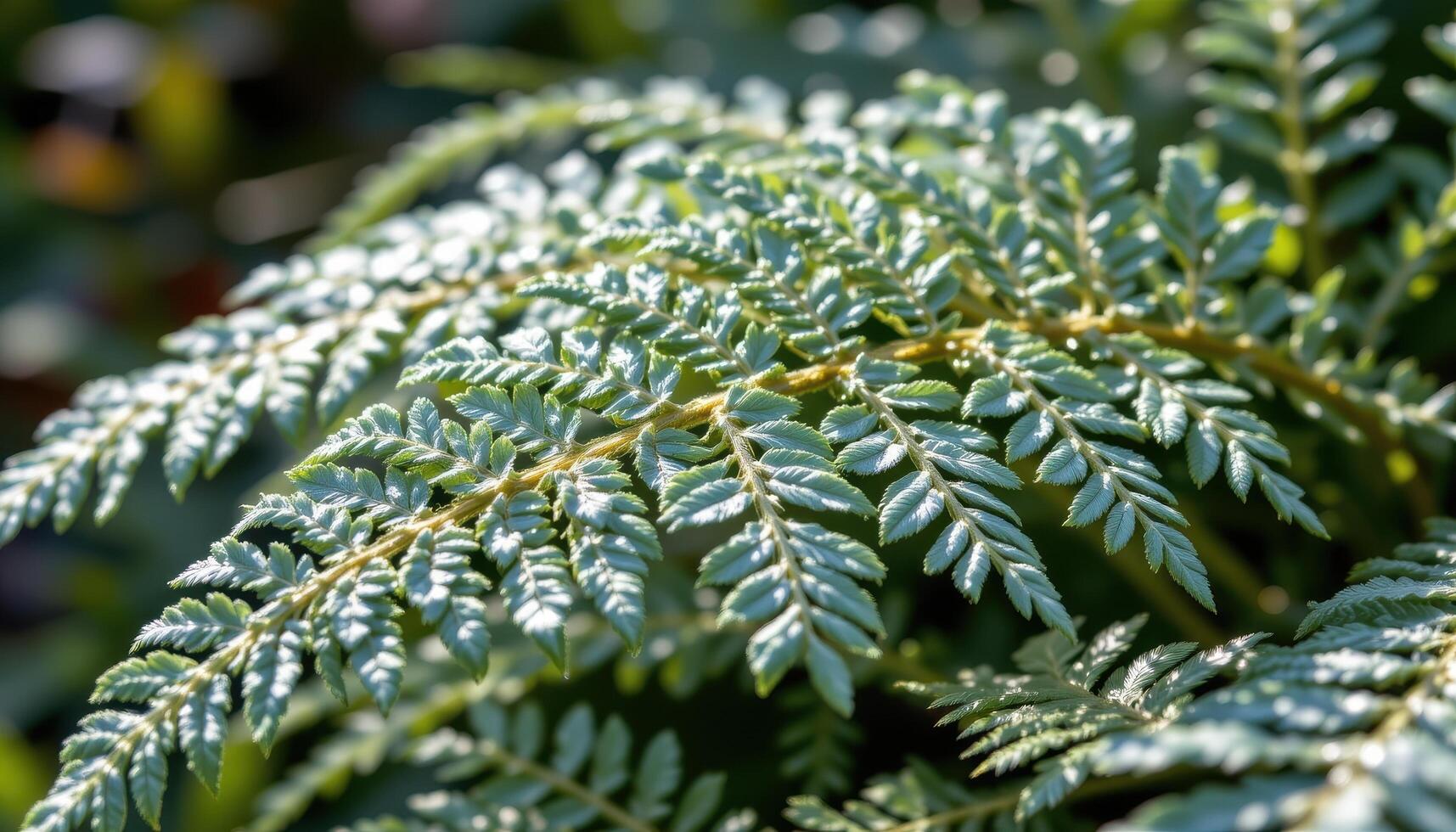 close up view of a silver lace fern with finely divided, lace like foliage shimmering in cool morning light photo