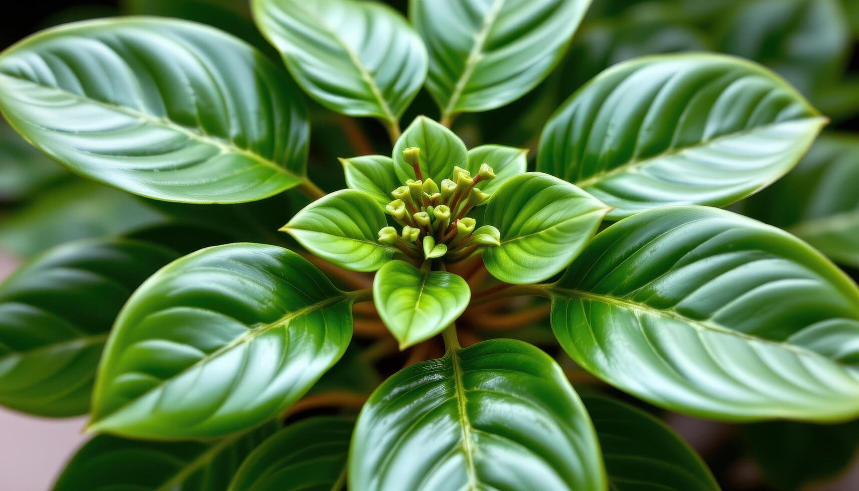 close up view of a schefflera plant with glossy green leaflets arranged in umbrella like clusters around each node. photo