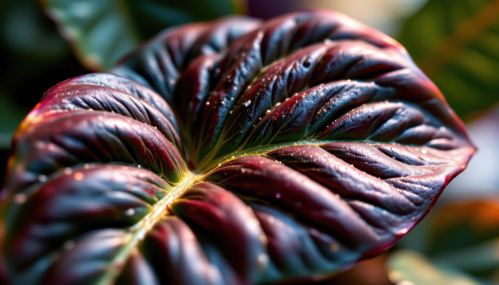 close up view of a peperomia caperata leaf with deep ridges and a dark metallic sheen glowing in gentle light. photo