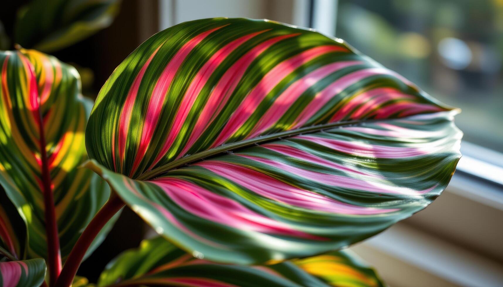 close up view of a striking calathea leaf displaying vivid pink stripes and deep green background under diffused sunlight through a nearby window photo