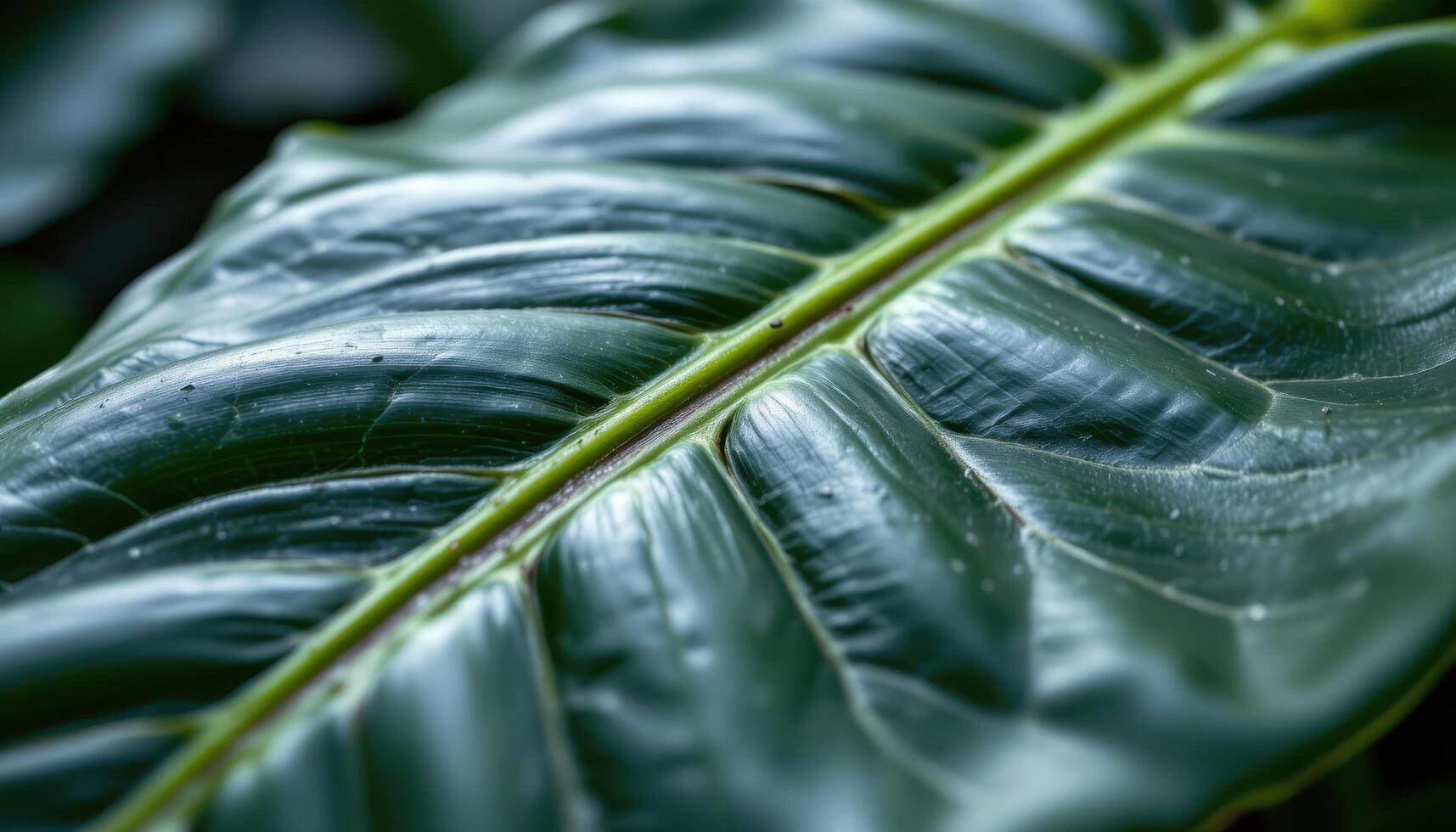 close up view of a glossy rubber plant leaf reflecting soft light while its thick central vein runs clearly across a dark green surface photo