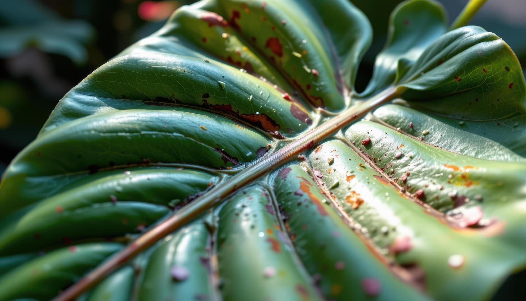 close up view of a split leaf philodendron leaf with glossy surfaces and bold cuts glowing under a skylight photo