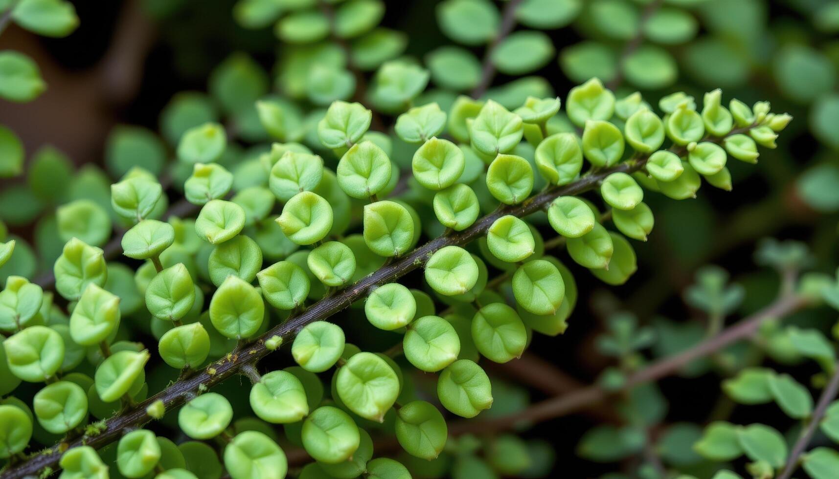 close up view of lemon button fern with tiny rounded leaves arranged along narrow black stems in a fresh green pattern photo