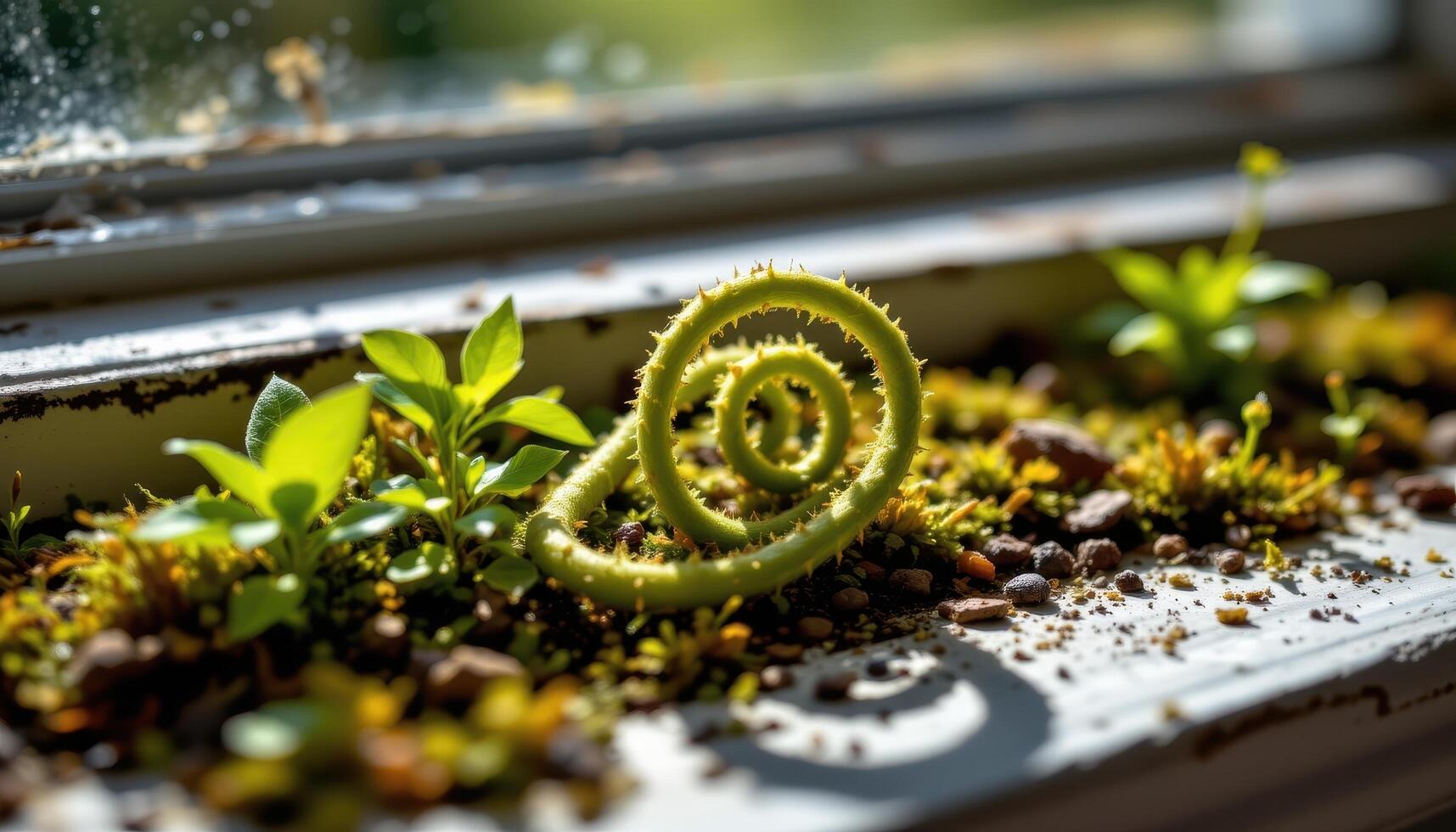 close up view of tightly curled fern frond slowly unfurling among moss and shadows on a shaded windowsill photo