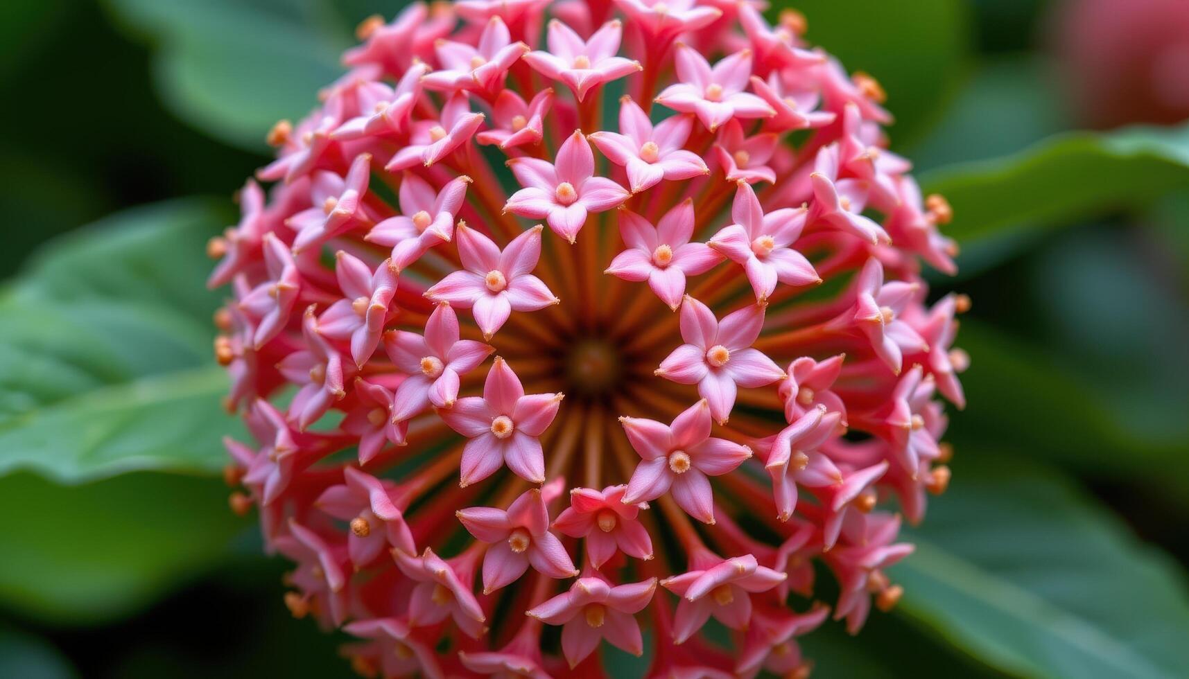 close up view of hoya carnosa flower cluster with waxy pink stars forming a perfect sphere suspended midair photo