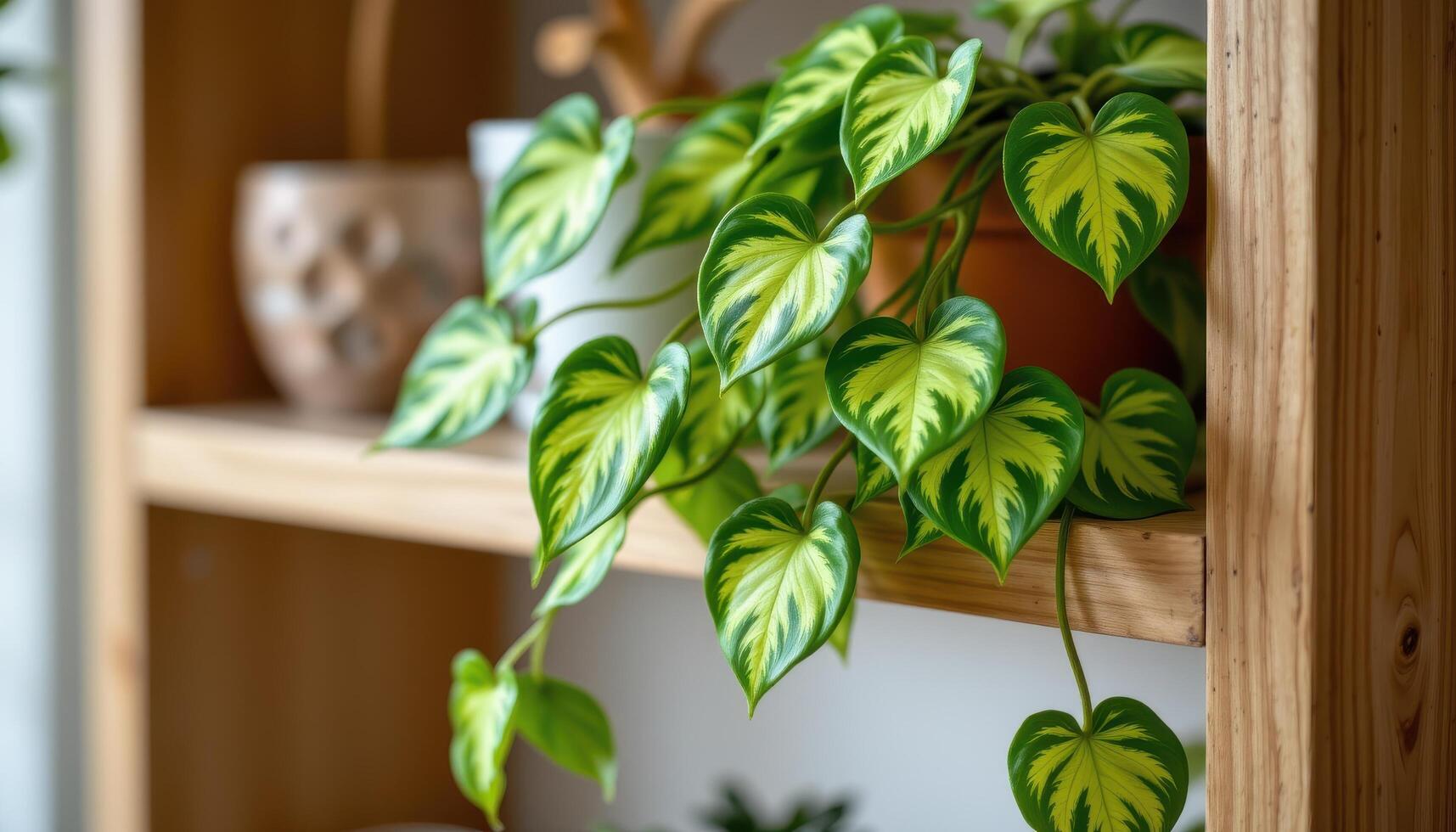 close up view of a trailing pothos plant with variegated heart shaped leaves in green and gold tumbling gently over the edge of a wooden shelf photo