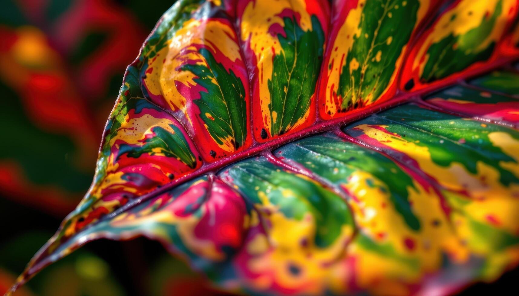 close up view of a colorful croton leaf with multicolored patterns of red, yellow, and green glowing brightly in warm light photo