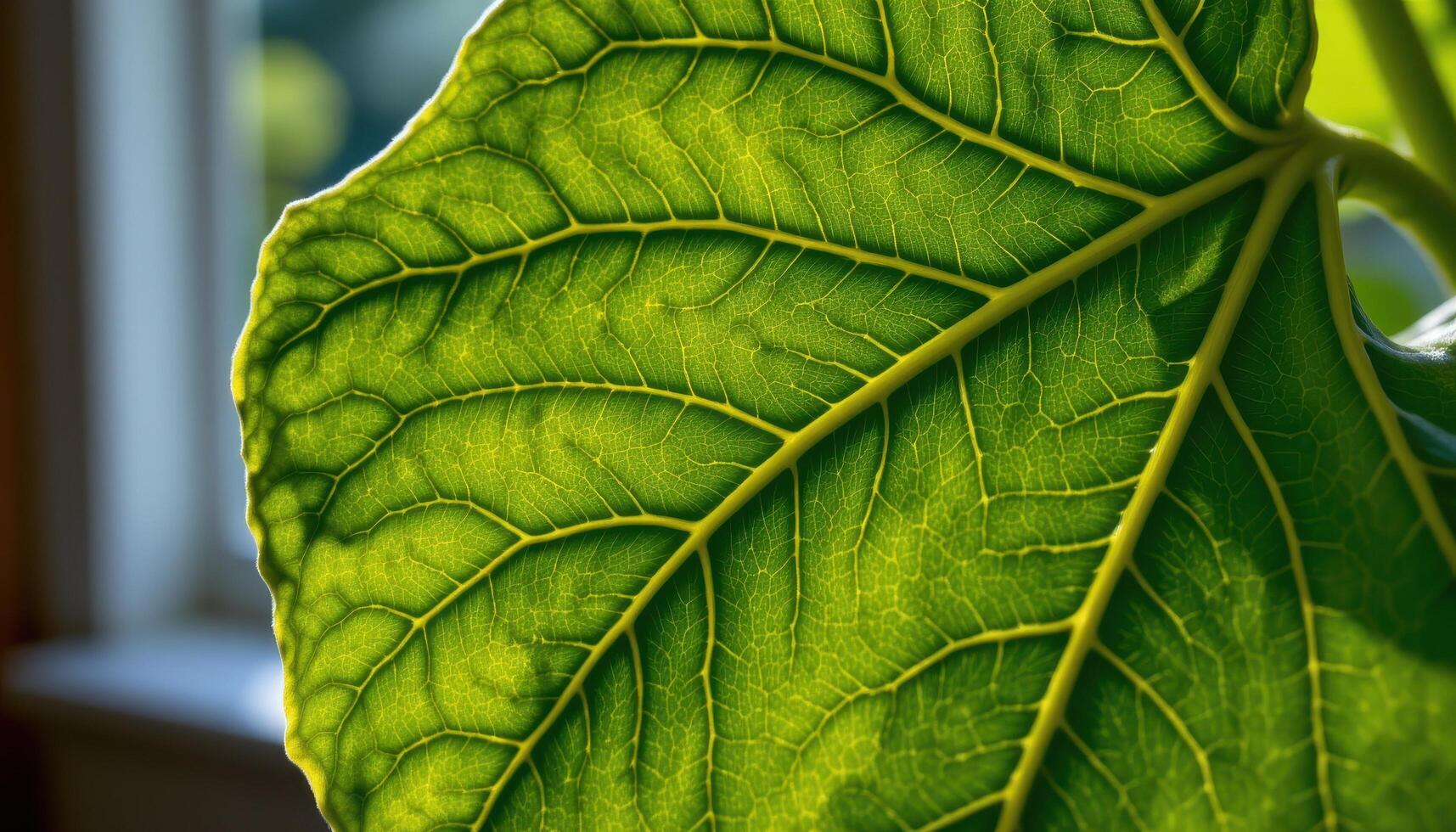 close up view of a deeply veined fiddle leaf fig leaf with rich green color backlit by warm natural window light photo