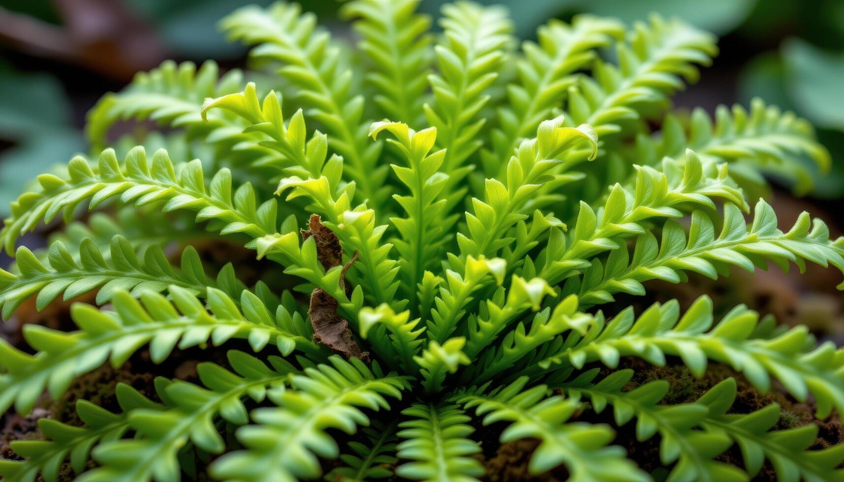close up view of a bird's nest fern with bright green, wavy edged fronds emerging symmetrically from a mossy center photo
