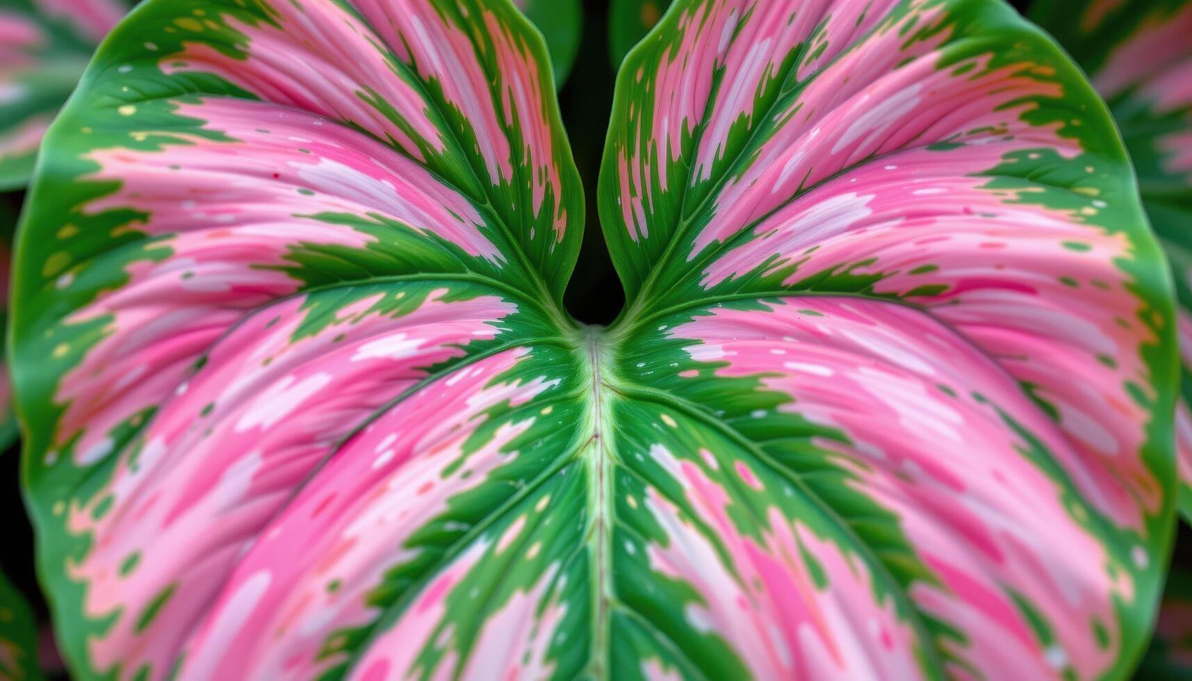 close up view of caladium leaf with heart shape and watercolor like patterns in pink, green, and translucent white photo
