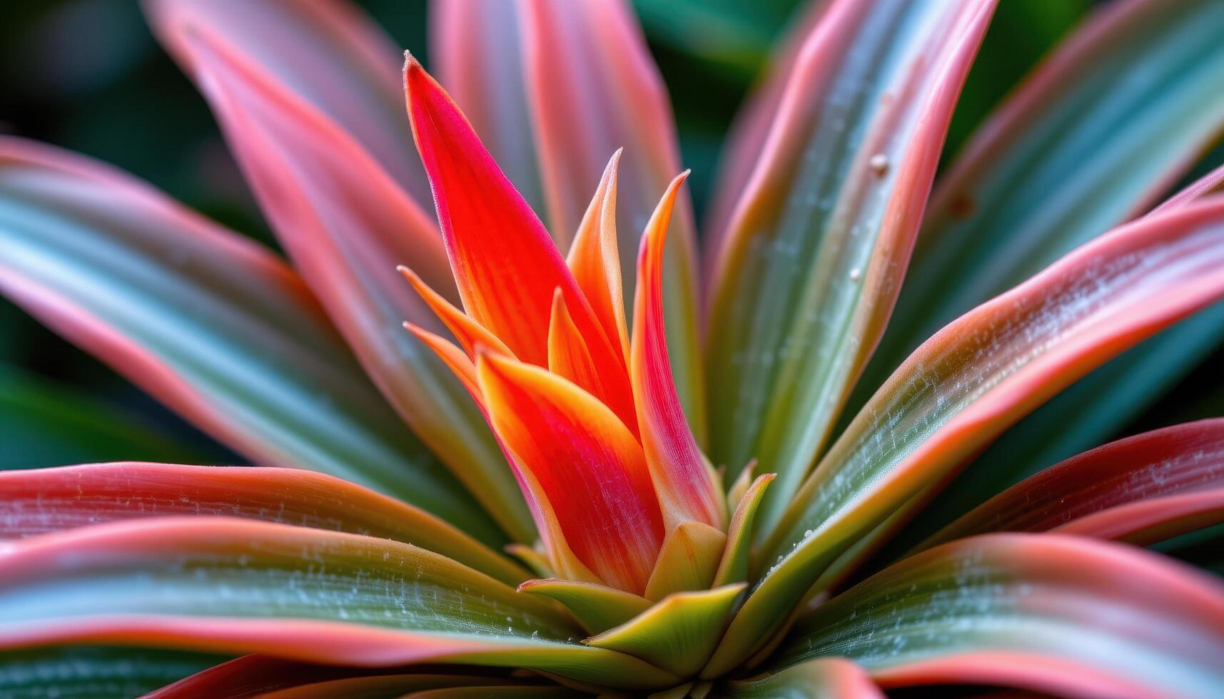 close up view of a bromeliad flower with vibrant pink and orange bracts emerging from a rosette of stiff green leaves photo
