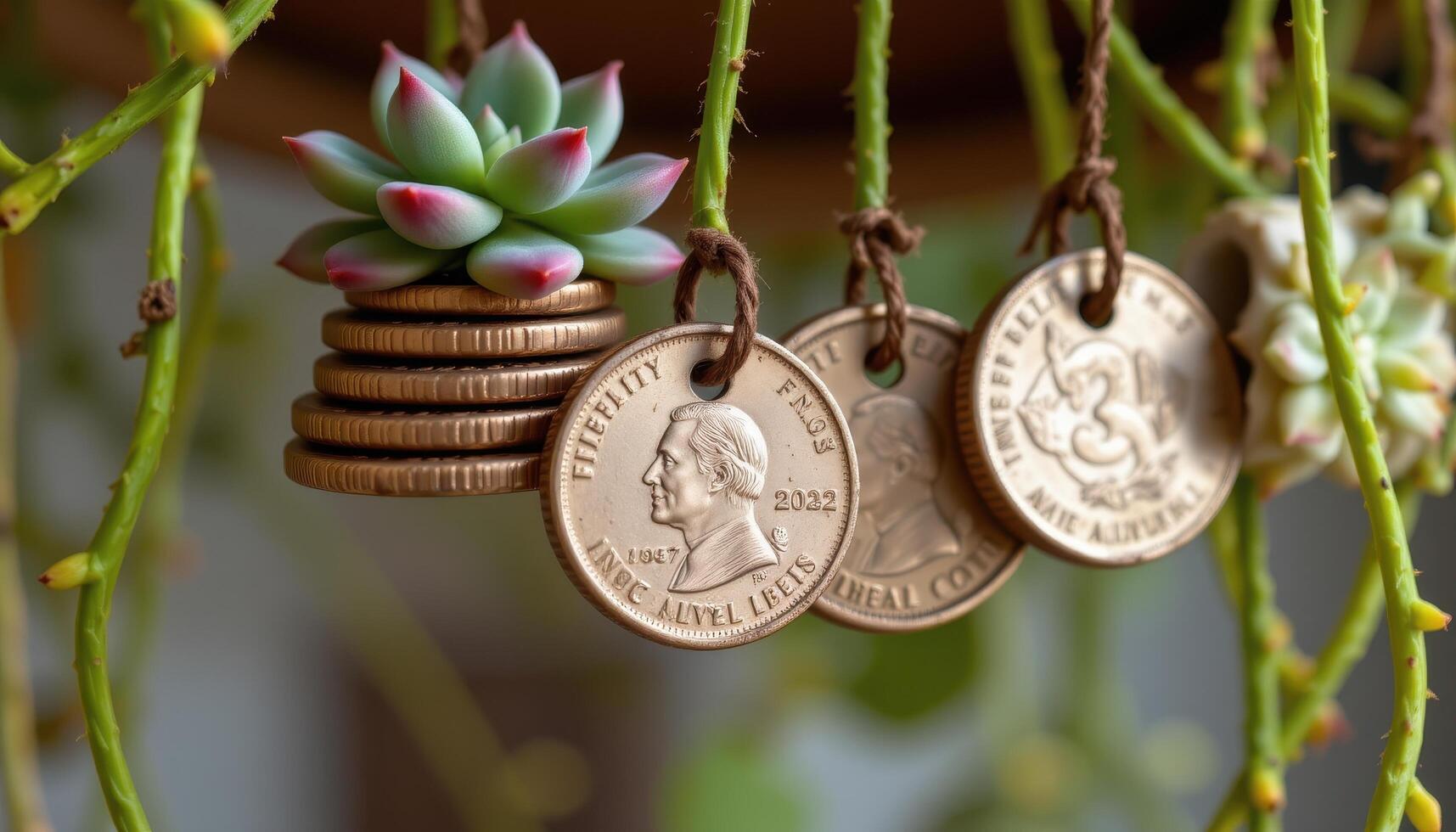 close up view of string of nickels with flat round succulent leaves stacked and hanging from long looping vines photo