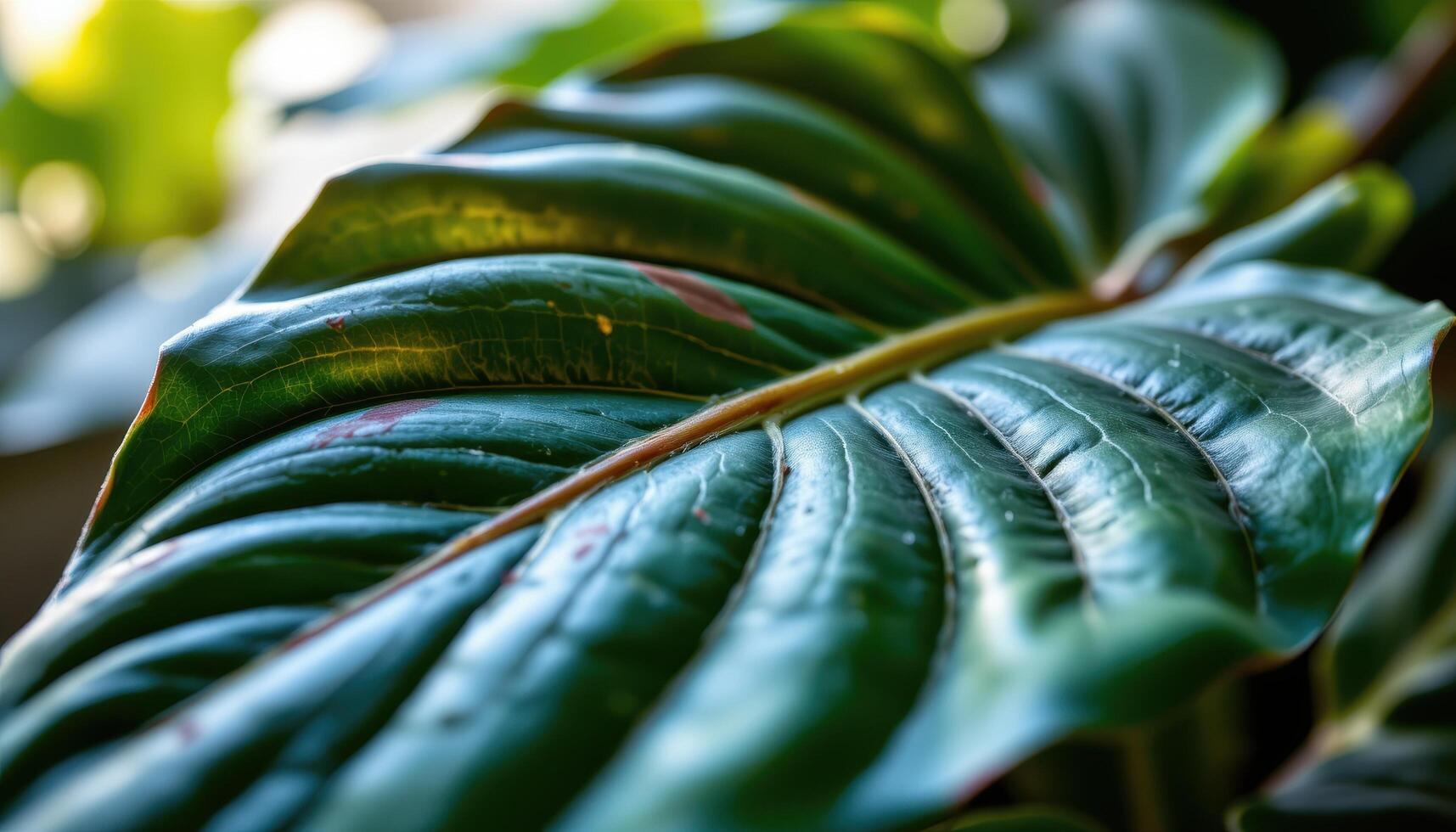 close up view of a tropical philodendron leaf with bold veins and a velvety matte texture glistening under ambient light photo