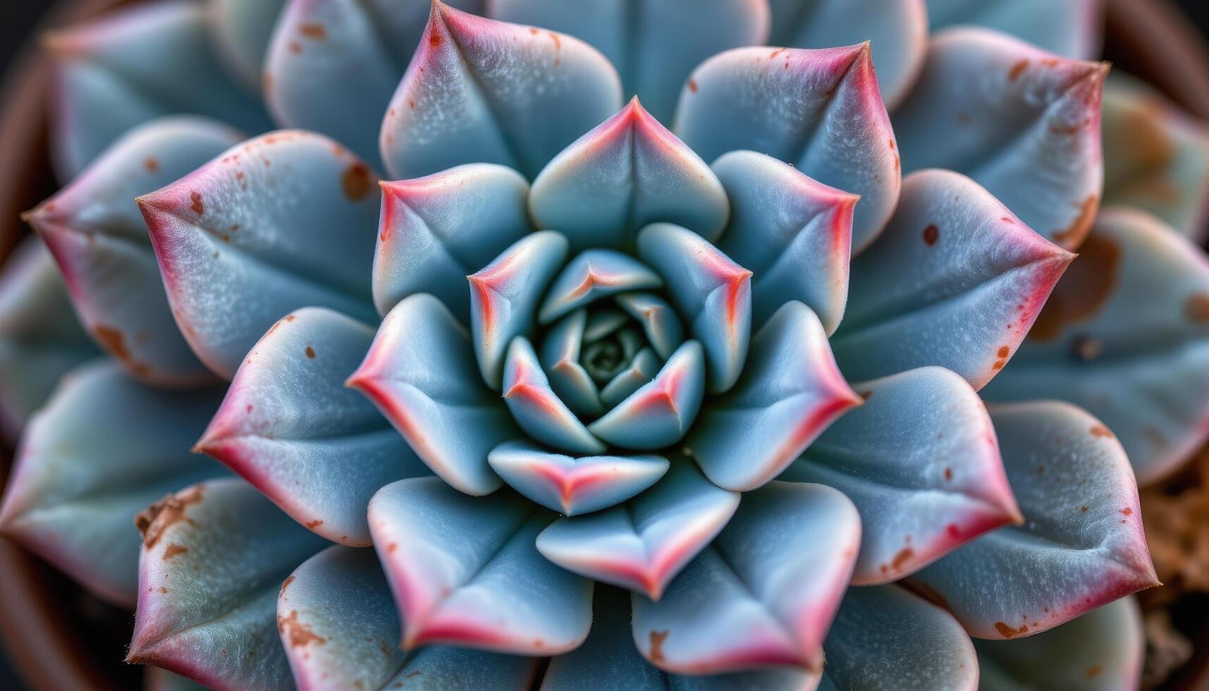 close up view of a compact echeveria succulent arranged in a perfect rosette pattern with dusty blue leaves tipped in pink photo
