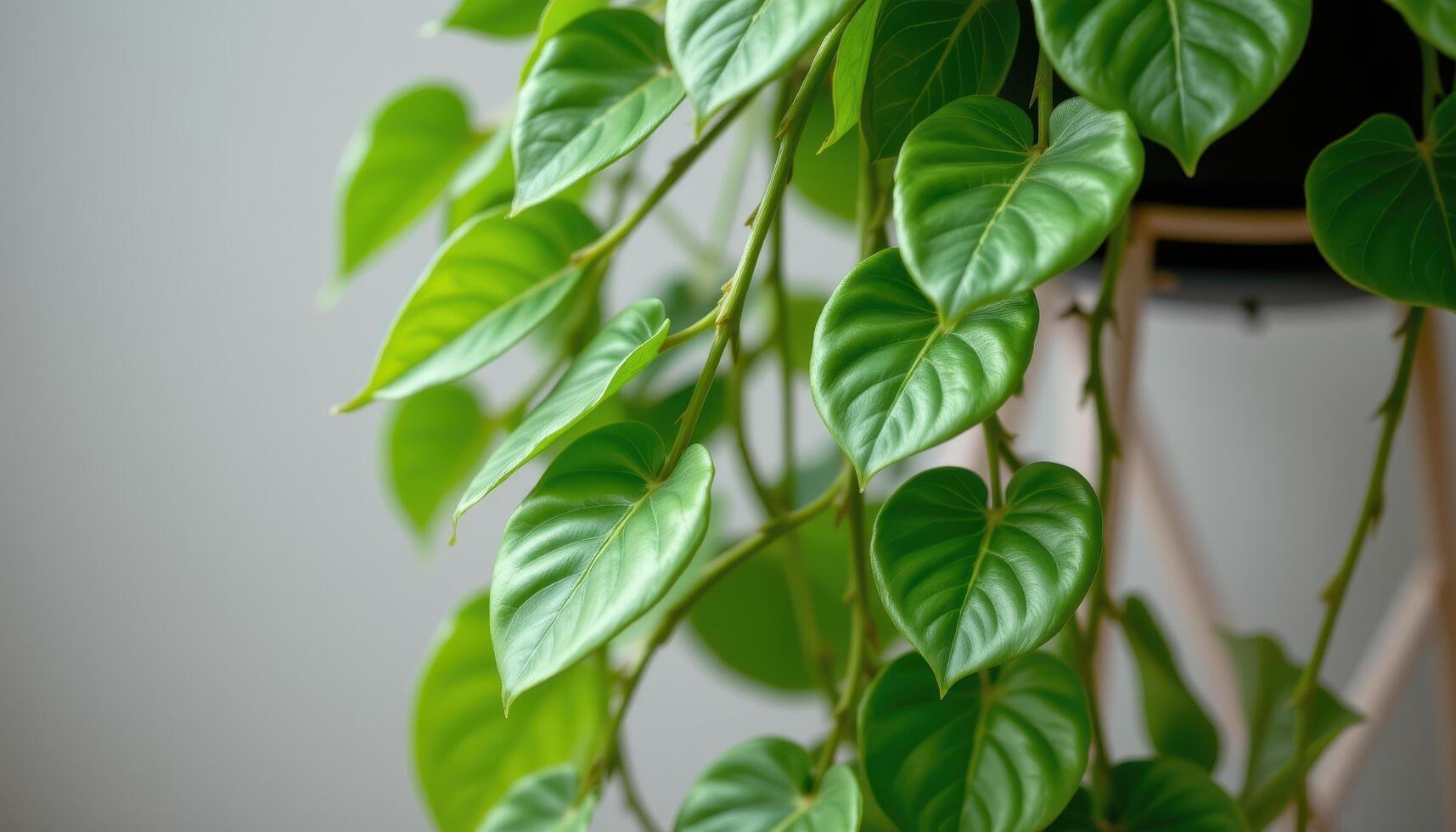 close up view of a lush heartleaf philodendron with trailing stems climbing upward with soft green leaves photo