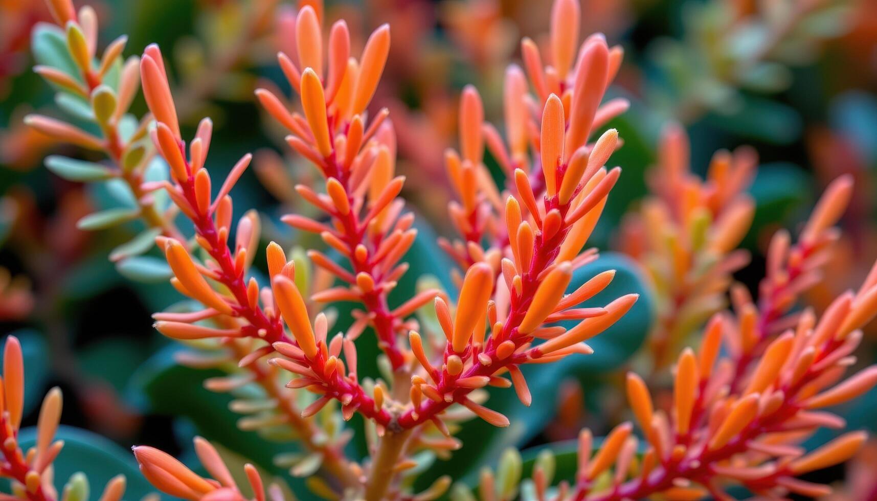close up view of a firesticks euphorbia with long pencil shaped stems glowing in orange and red hues photo