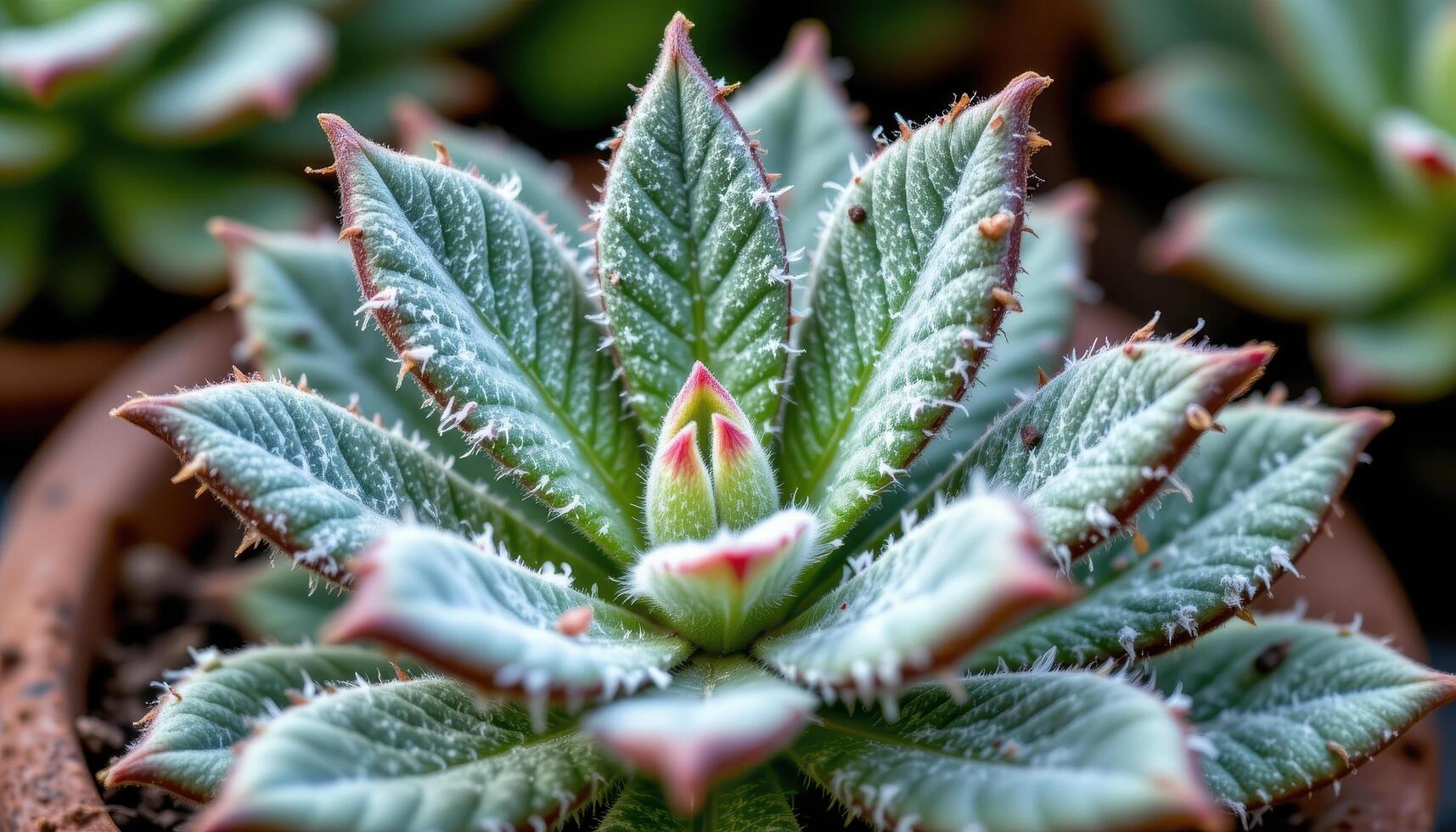close up view of a fuzzy kalanchoe tomentosa with white hairs covering its spoon shaped leaves and brown tips photo