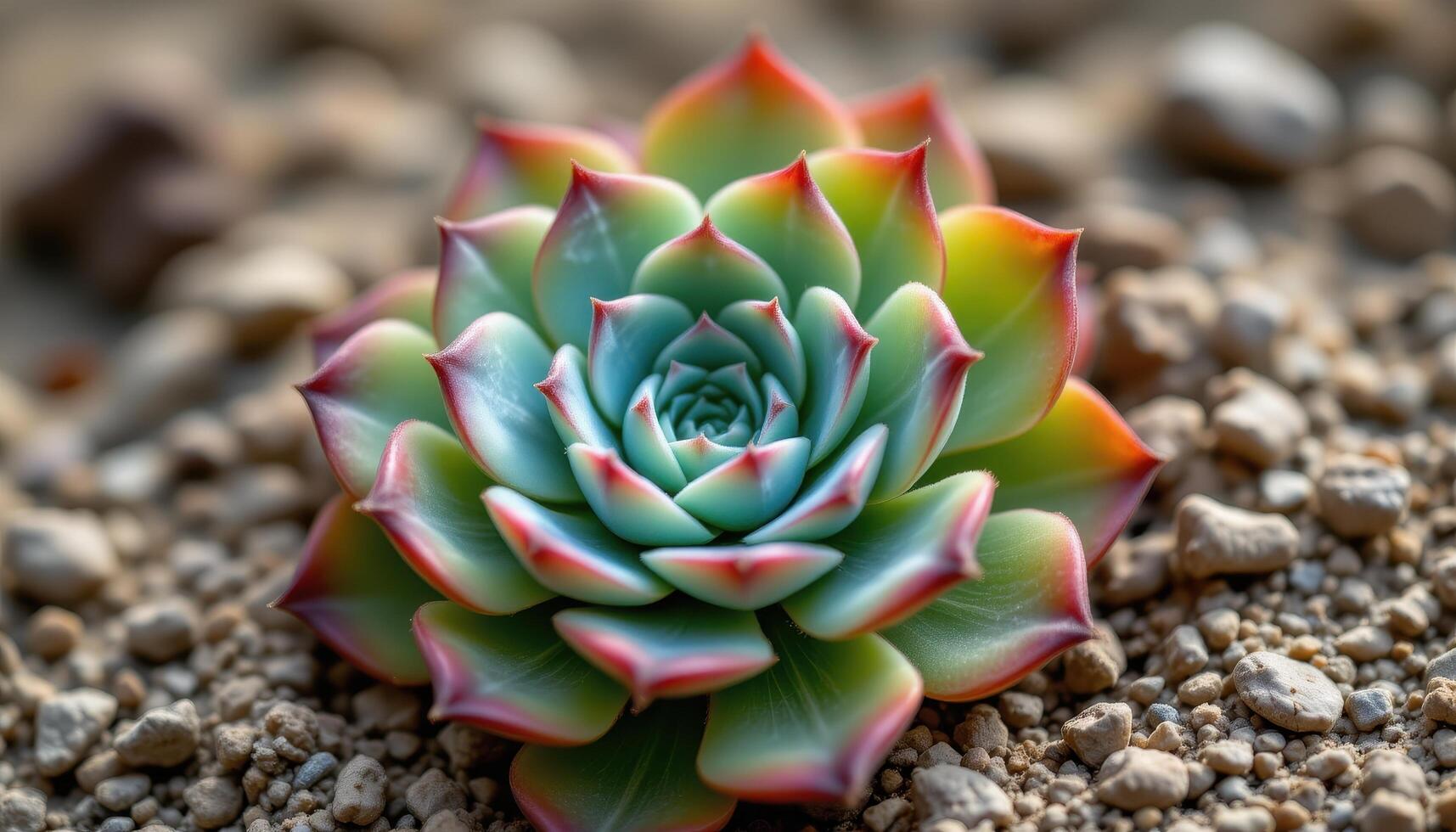close up view of a rosette shaped succulent with fleshy green leaves tinged in red growing from sandy soil photo