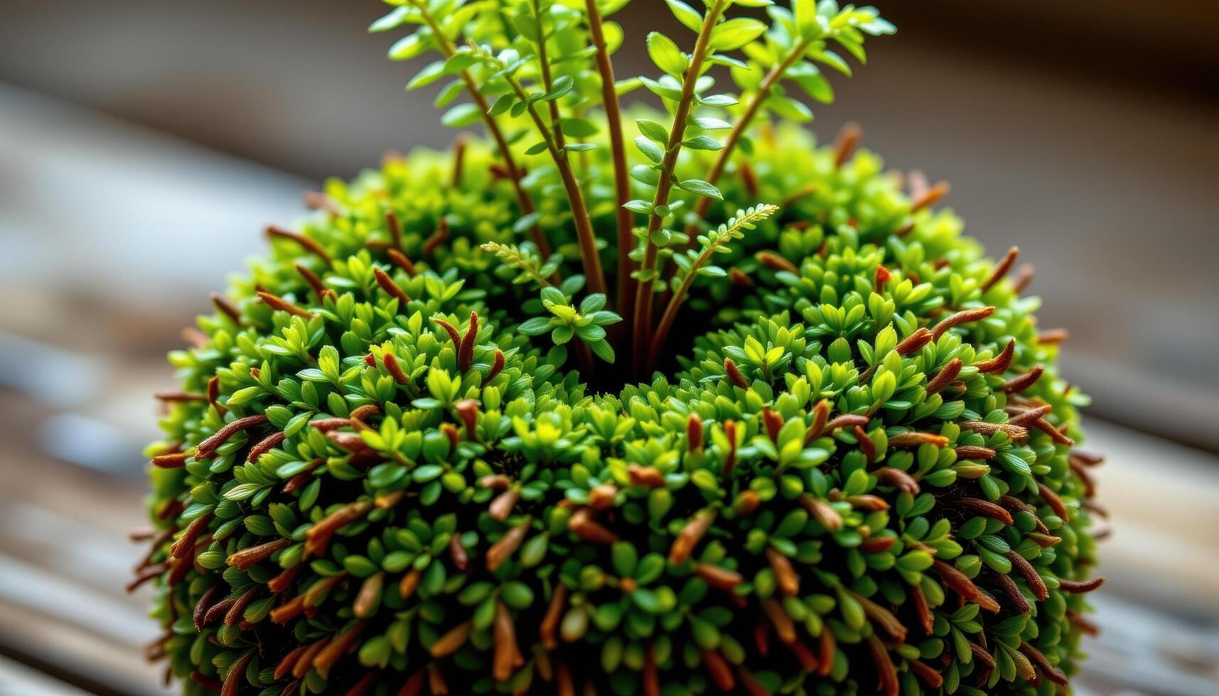 close up view of a densely planted kokedama moss ball with ferns sprouting upward from the center photo