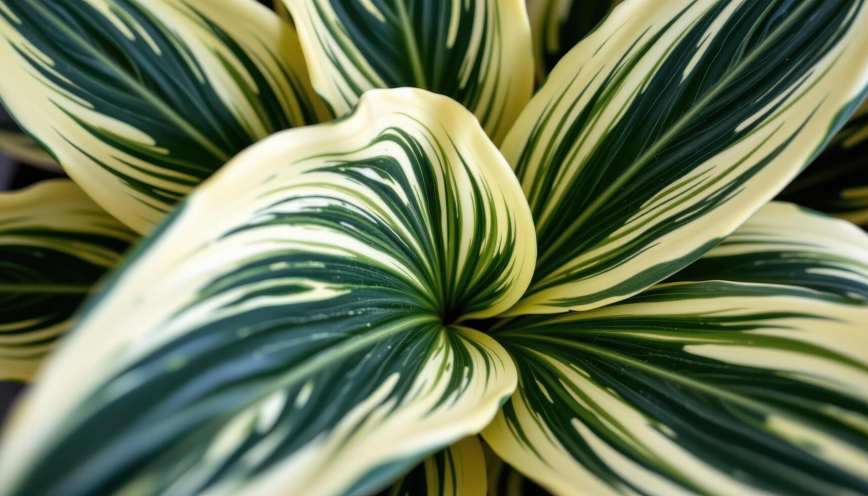 close up view of a variegated sansevieria leaf with cream edges and deep green centers creating a vertical striped pattern photo