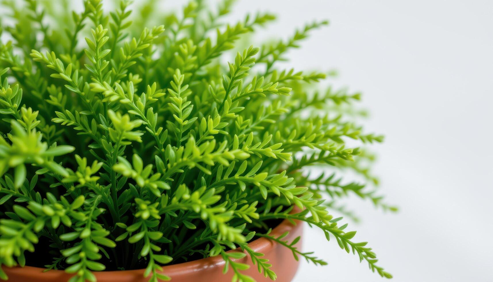 close up view of a bushy asparagus fern with thin, airy foliage forming a soft green cloud in a small planter photo