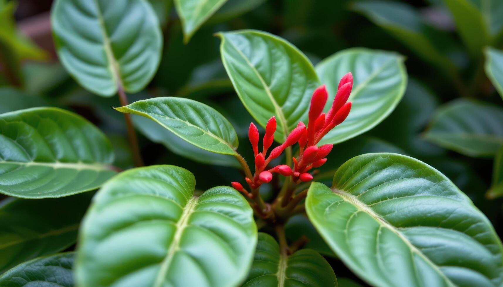 close up view of a tropical lipstick plant with glossy leaves and small tubular red flowers starting to emerge photo