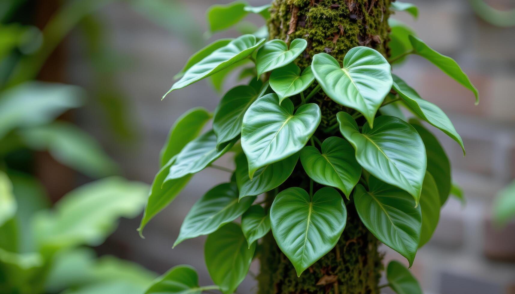 close up view of a heartleaf philodendron climbing a moss pole with glossy green leaves creating a dense vertical pattern photo