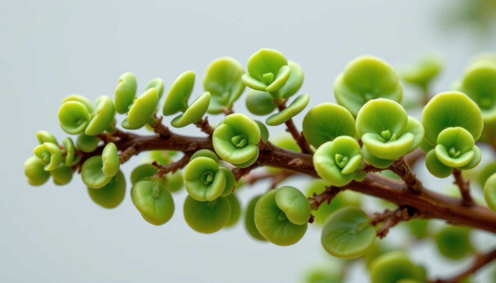 close up view of a thick leaved crassula ovata branch with rounded green leaves spaced evenly along woody stems photo