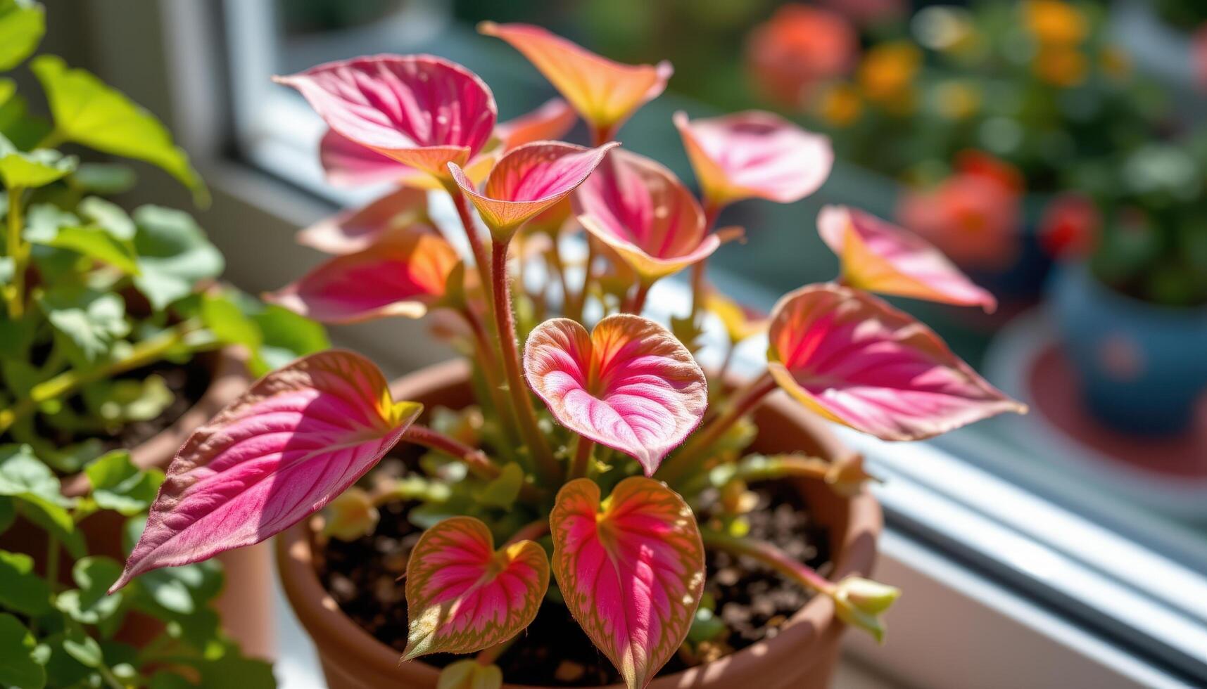 close up view of a polka dot plant with vivid pink leaves speckled with green dots in a sunny windowsill planter photo