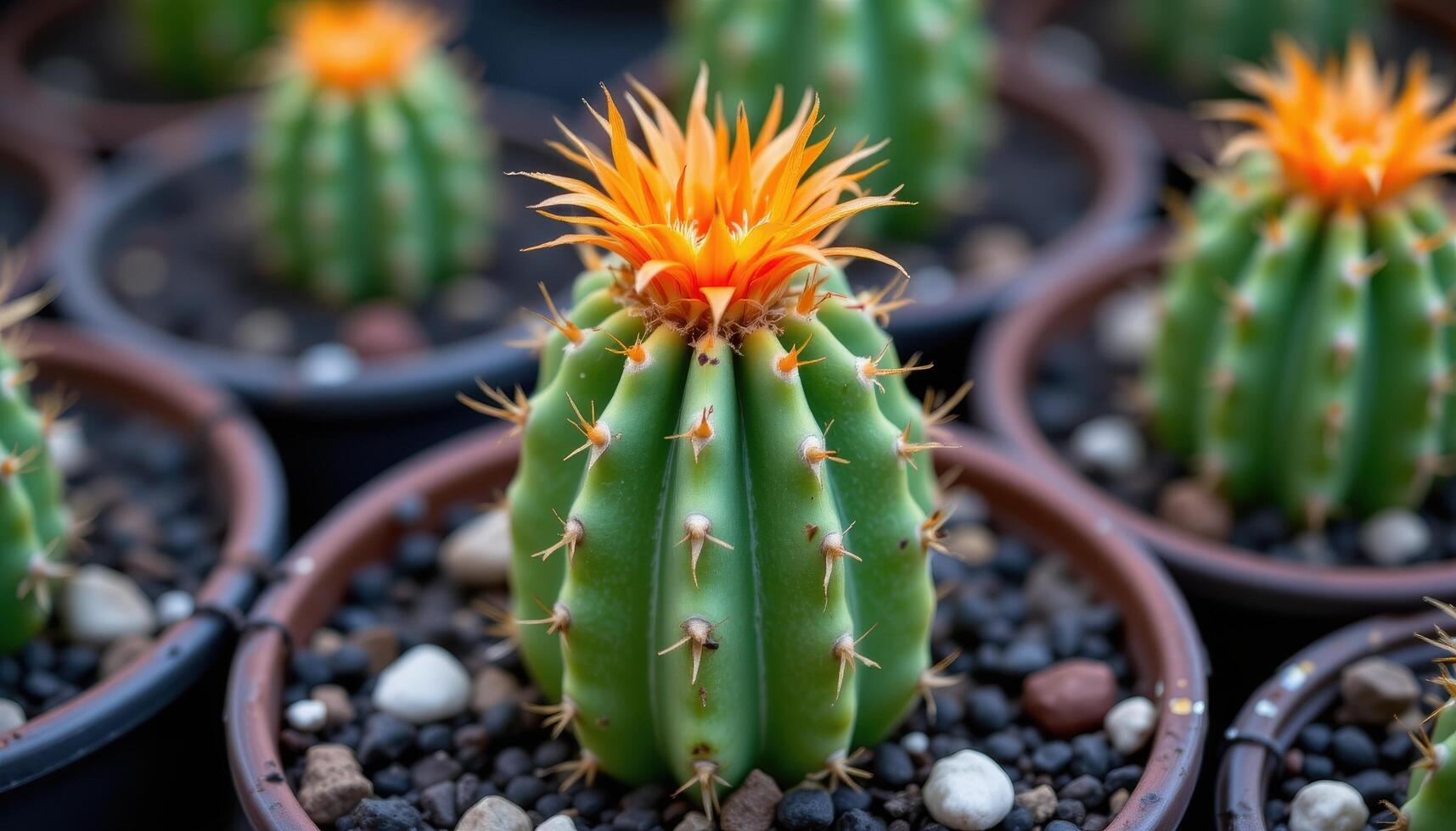 close up view of a moon cactus with a neon orange top grafted onto a green ribbed base planted in coarse soil photo