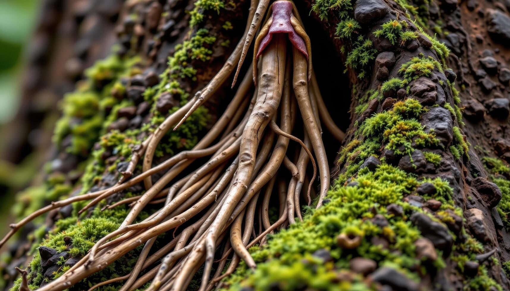 close up view of a well rooted orchid with thick aerial roots coiled around moss covered bark photo
