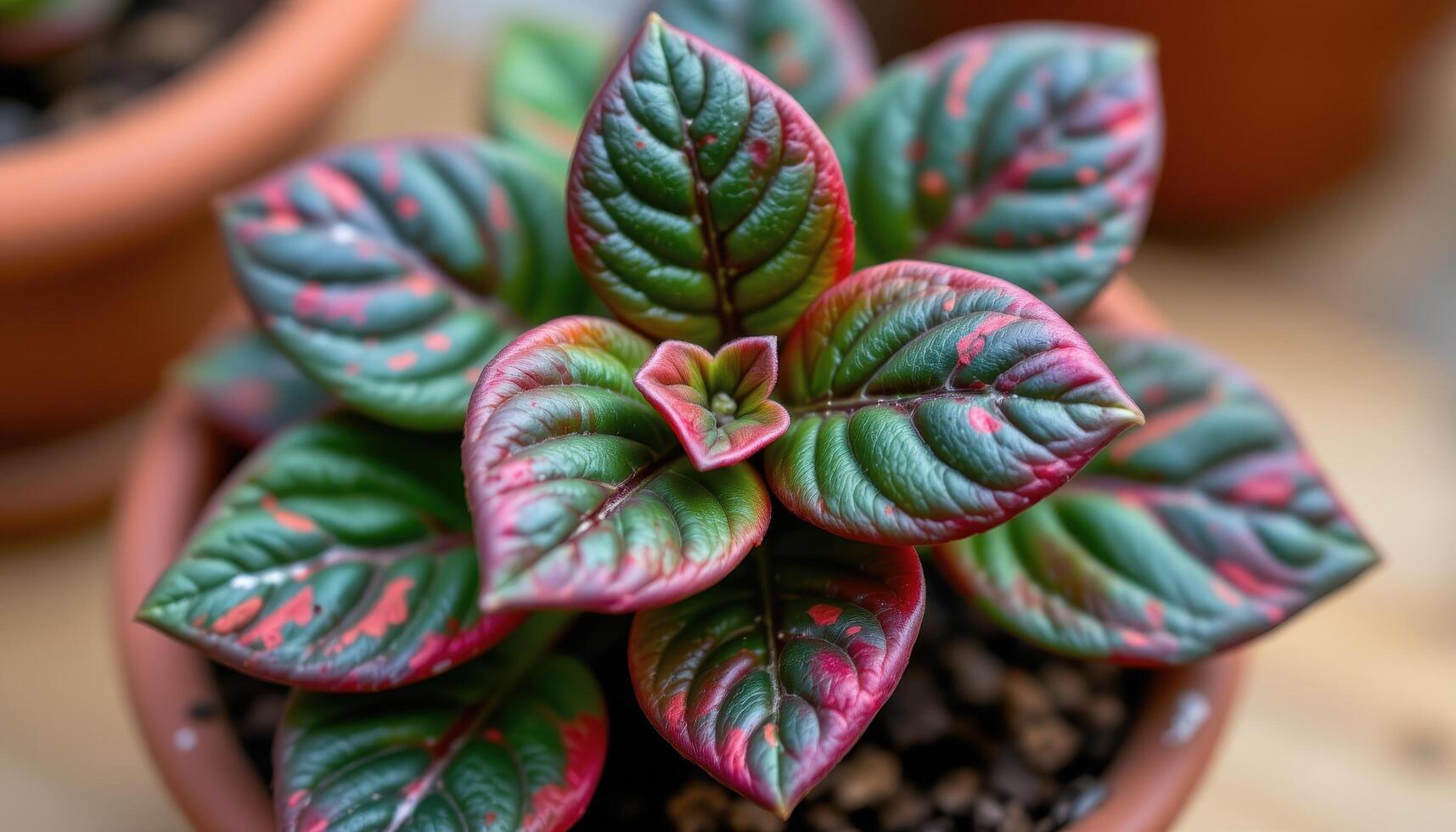close up view of a compact peperomia rosso with deep red undersides and dark green textured leaf surfaces photo