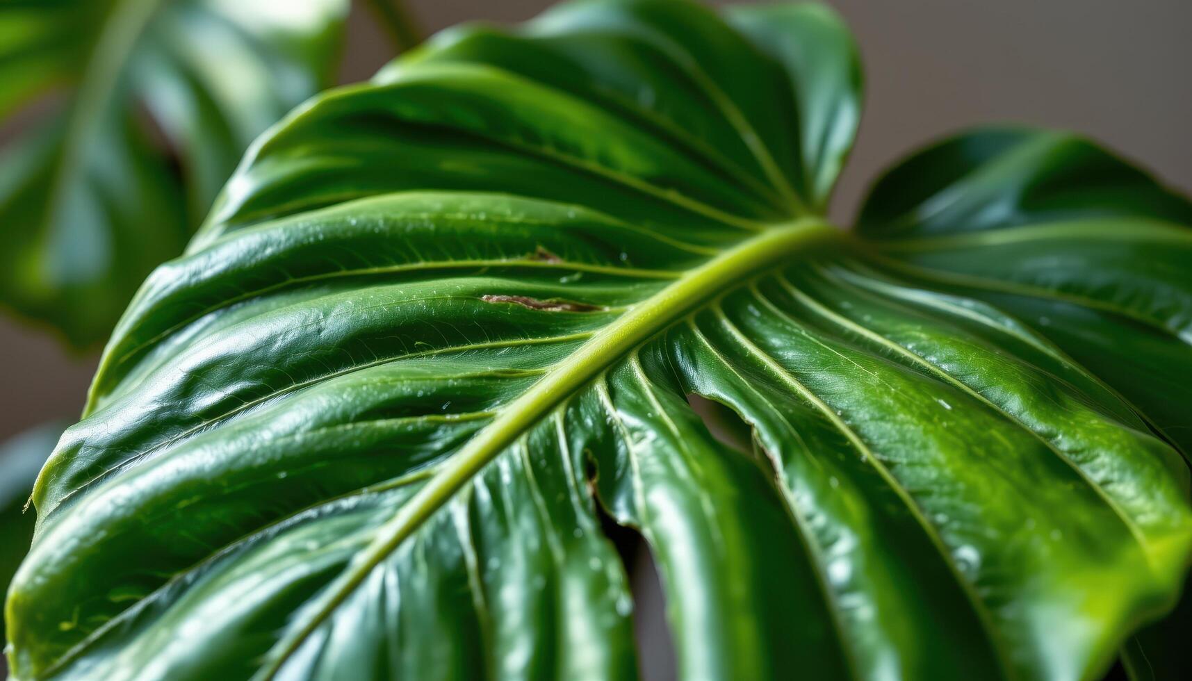 close up view of a glossy monstera leaf with natural splits and deep green hues catching the soft indoor light photo