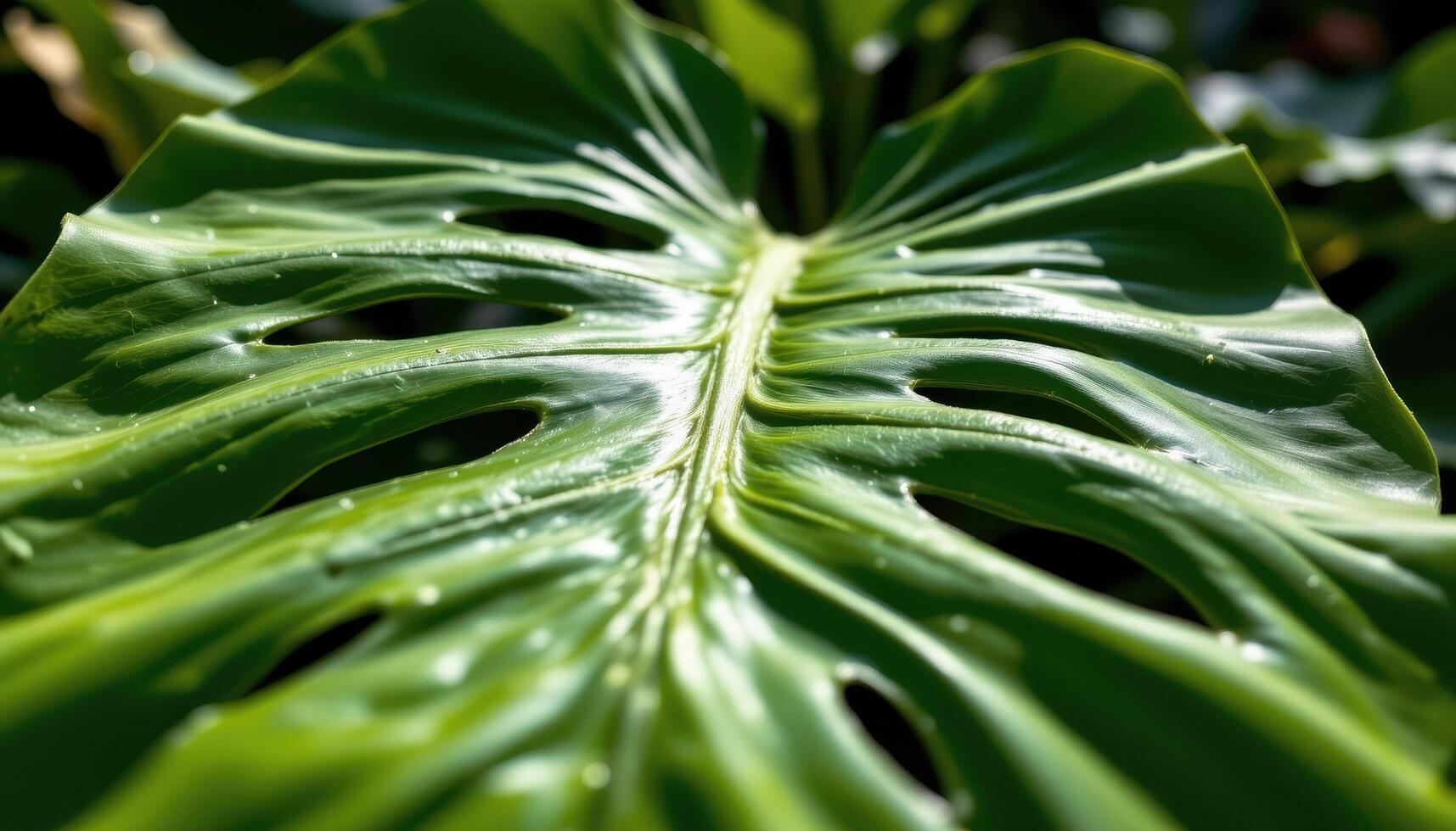 close up view of a split leaf monstera leaf with mature fenestrations and waxy sheen under sunlight photo