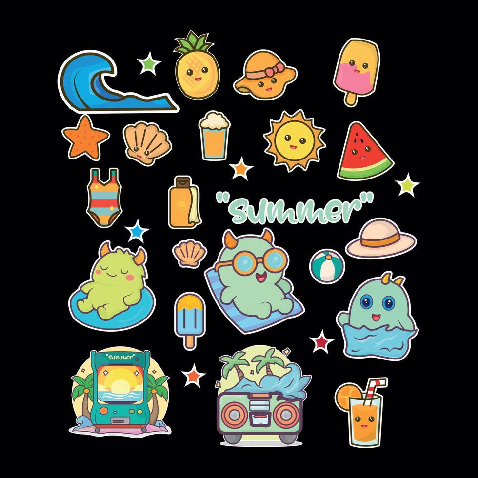Colorful summer icons and stickers vector