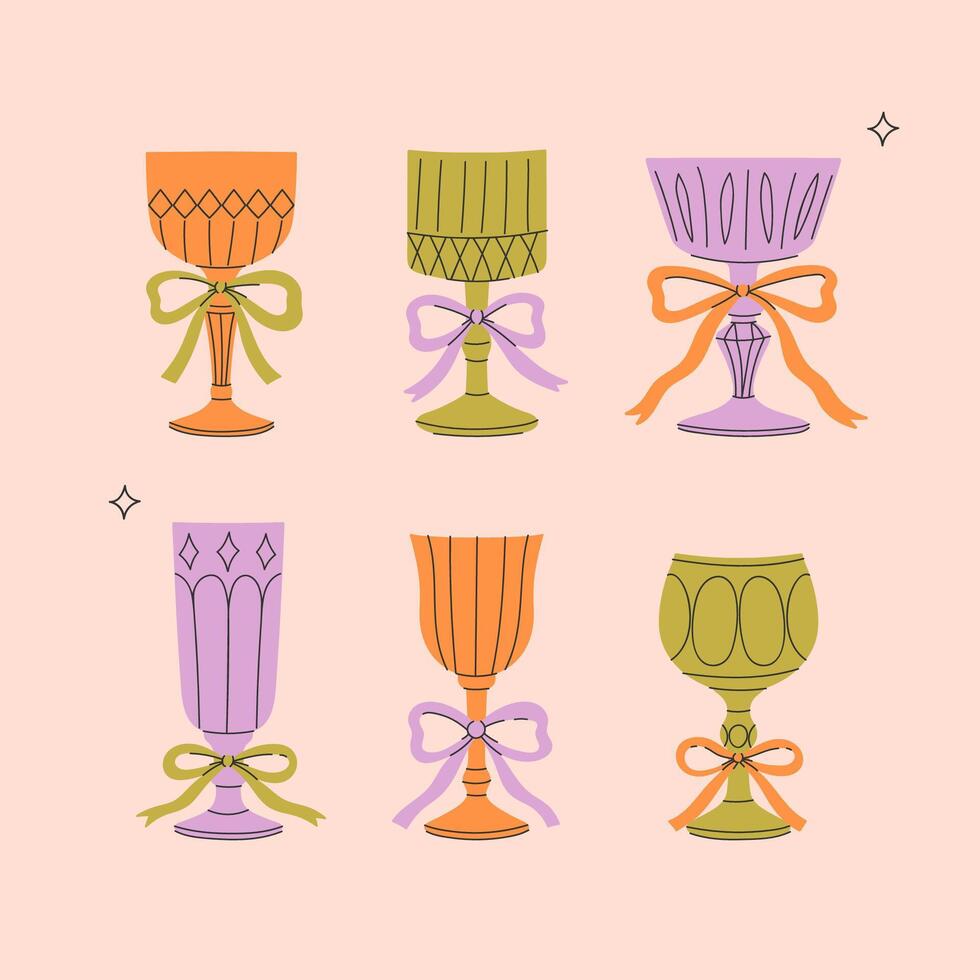 Set of colored crystal glasses with bows. graphics. vector