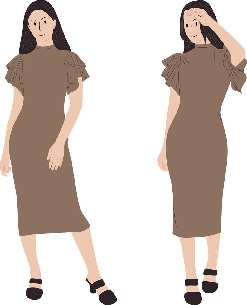 Women in Casual Dresses, standing and walking poses. vector