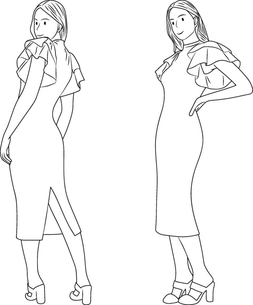 Side View Poses of Women in Casual Dresses, Line Art Style. vector