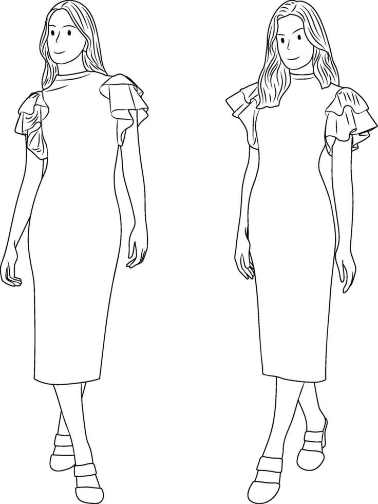 Women in Casual Dresses, walking poses in Line Art Style. vector