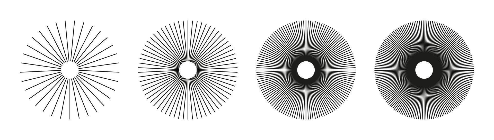 Radial circle lines. Symbol of Sun star rays. Circular lines elements. Set of flat design elements. Spokes with radiating stripes collection. Abstract geometric shapes patterns. vector