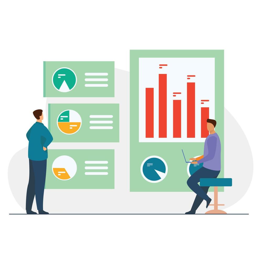 Team Progress Review with Charts and Analytics. Stock Illustration vector