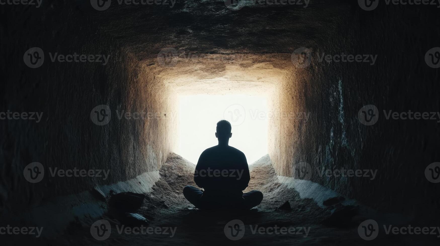 Meditation in a cavernous space during early morning light illuminating the tunnel photo