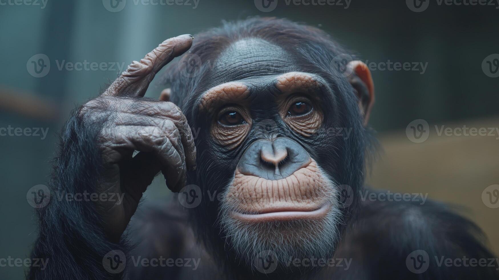 Thoughtful chimpanzee pondering in a naturalistic habitat setting during a quiet moment of reflection photo