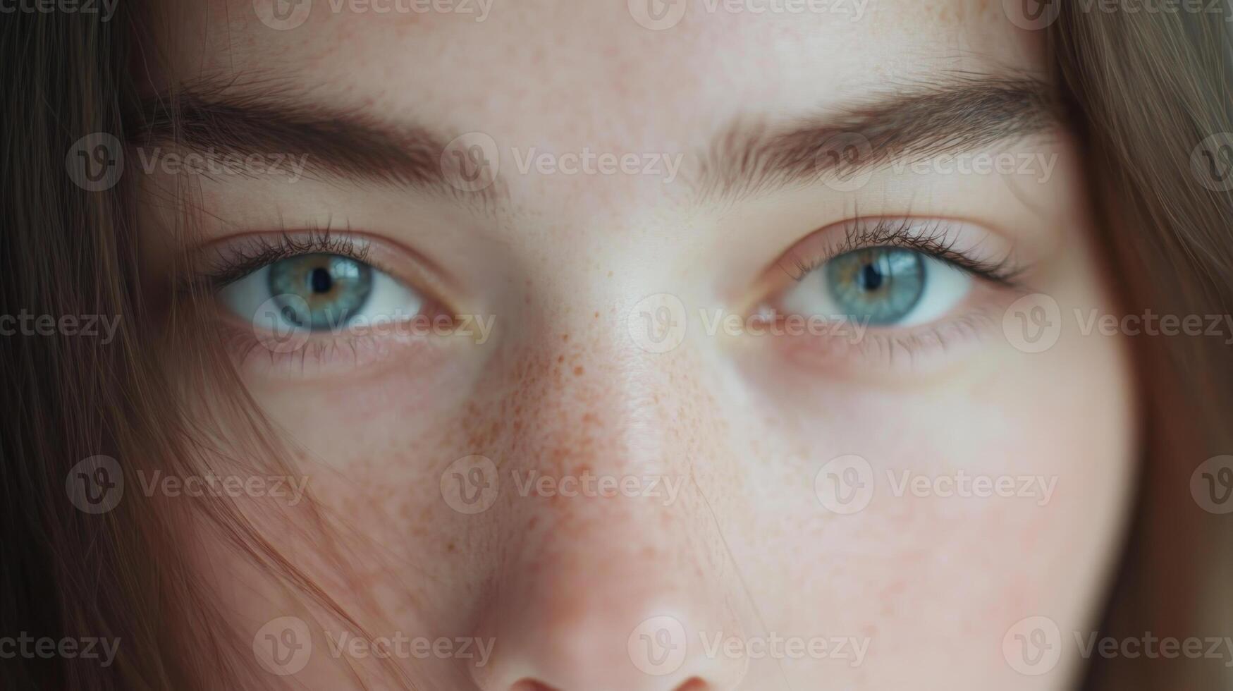 Close-up of young woman with stunning blue eyes and natural freckles showing serene expression indoors photo