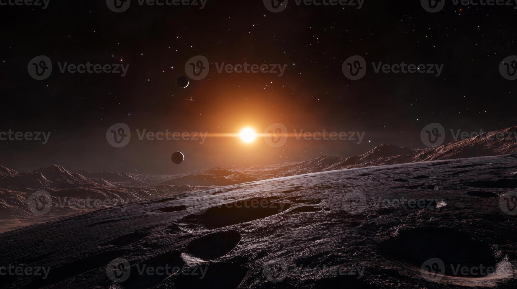 Celestial view from a moon surface with distant planets and a glowing sun on the horizon during twilight photo