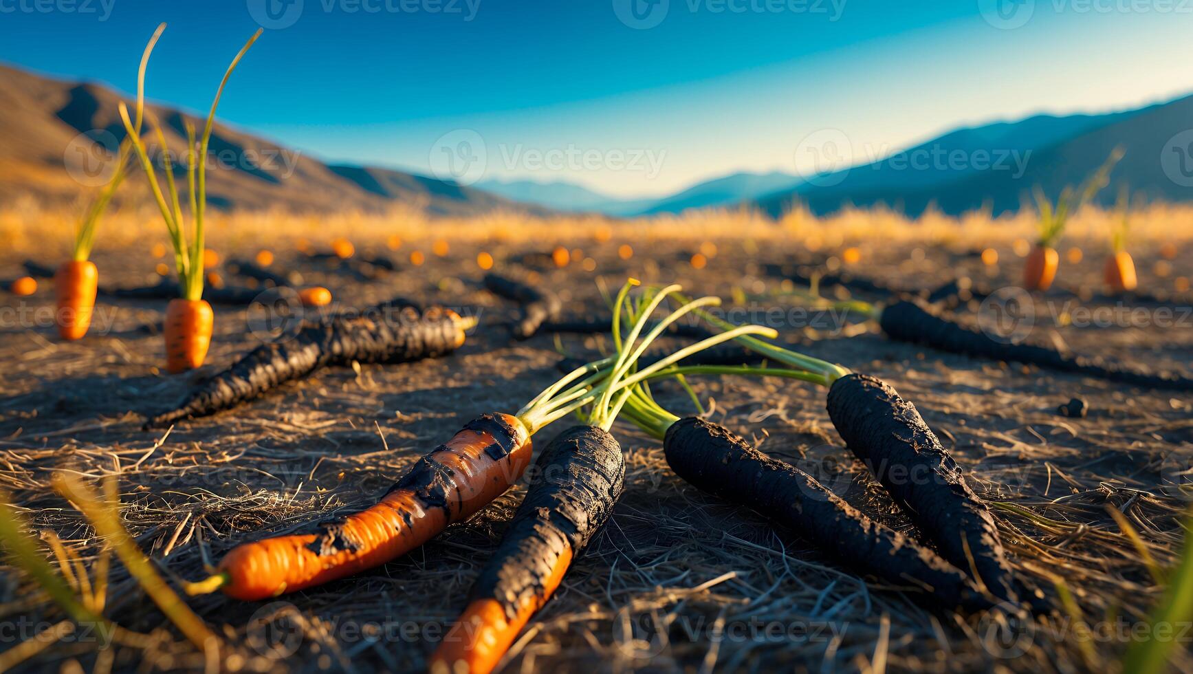 Harvested Carrots Scattered on Field with Distant Mountain View photo