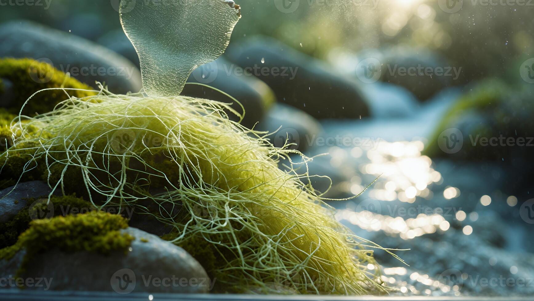 Mossy Rock Near Flowing Stream with Sparkling Water and Blurred Trees photo