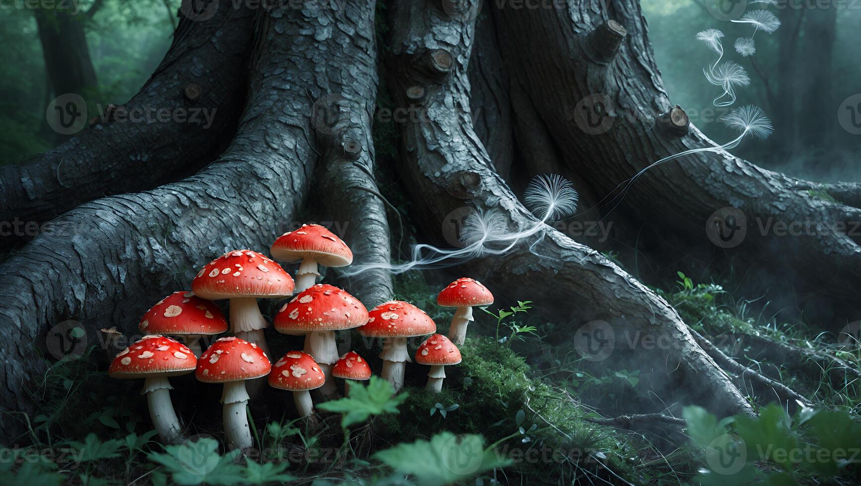 Red Mushrooms Growing Near Large Tree Roots in a Forest photo